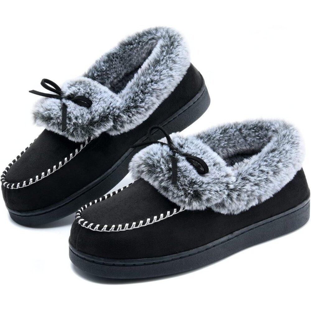 Women's Black Fuzzy Fluffy Warm Winter Soft Closed Back Fur Lined Slippers Boot